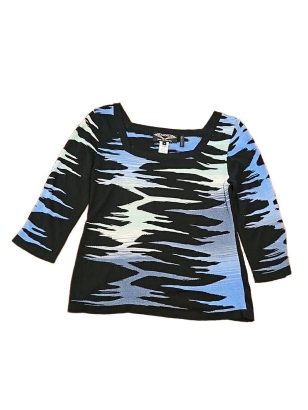 ANGEL DESIGN BY SABRI OZEL BLACK, BLUE, GREEN & WHITE KNIT 3/4 SLEEVE TOP SIZE S